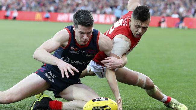 Ben Jefferies battles North’s Robbie Young in his last game for the Redlegs — the SANFL grand final loss to the Roosters. Picture: Sarah Reed