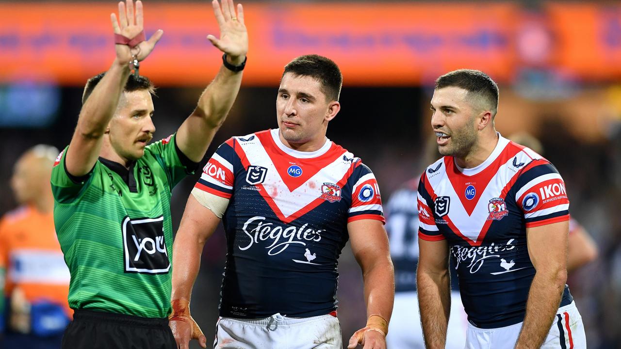 Victor Radley is sin-binned, a sight no Roosters fan wants to see in the finals. Picture: Gregg Porteous NRL Photos