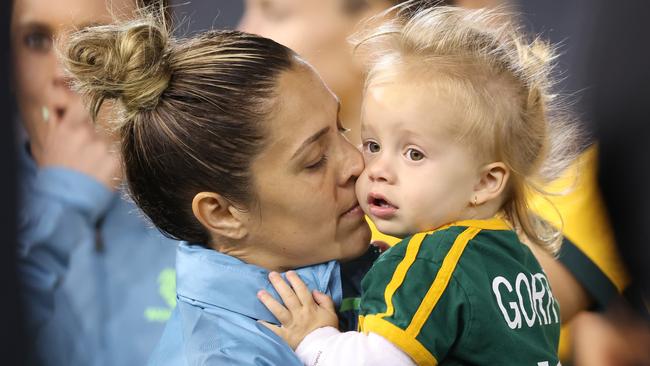 NEWCASTLE, AUSTRALIA - FEBRUARY 22: Katrina Gorry of the Matildas with her daughter during the Cup of Nations Match between Czechia and Spain at McDonald Jones Stadium on February 22, 2023 in Newcastle, Australia. (Photo by Scott Gardiner/Getty Images)