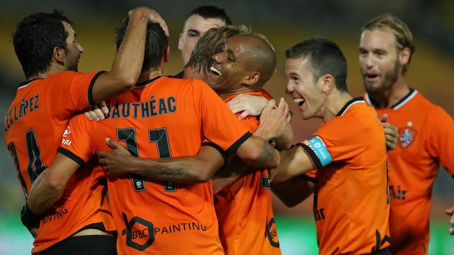 Brisbane Roar players celebrate Tobias Mikkelsen’s goal. Picture: Getty Images 