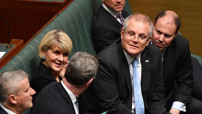 Treasurer Scott Morrison with frontbench colleagues in parliament House yesterday. Picture: AAP