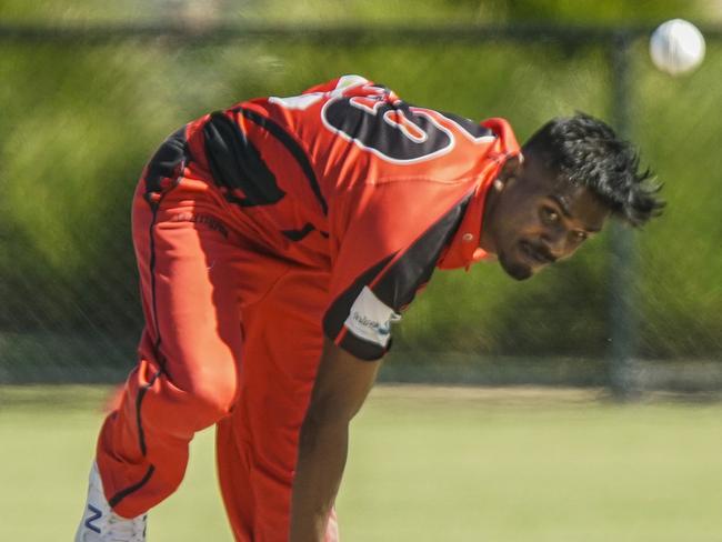 Subbies Cricket: Moorabbin v Plenty Valley. Damsara Menwara bowling for Moorabbin. Picture: Valeriu Campan