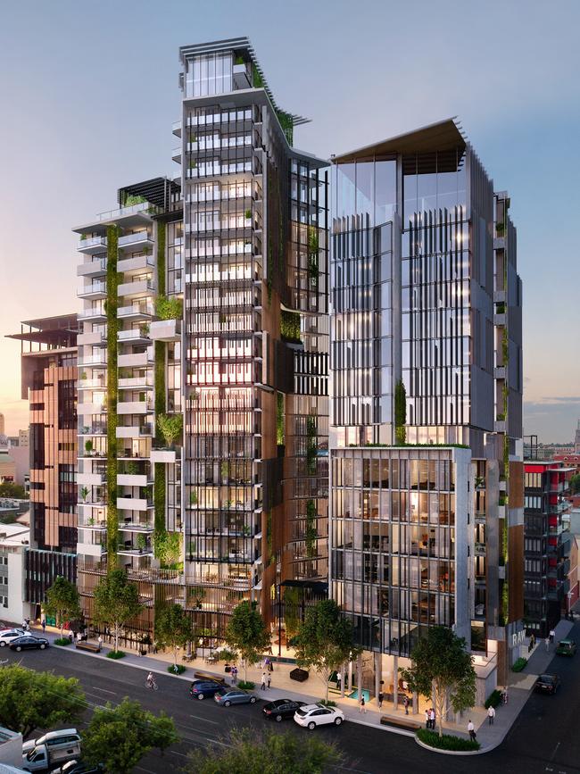 Artist’s impression of Guava Lime's Flinders St development, including Art Apartments, One Apartments and Vibe hotel. Supplied by Guava Lime