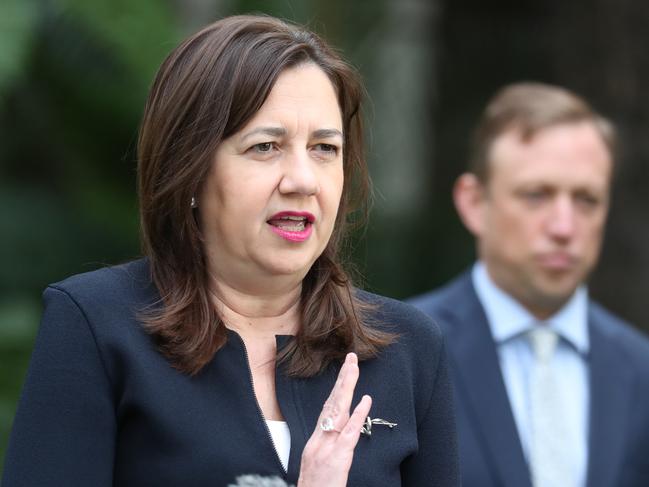 Premier Annastacia Palaszczuk, Steven Miles and Jeannette Young at Parliament.Pic Annette Dew
