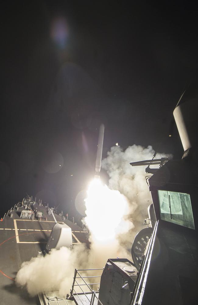 Mr Trump ordered the military strike on a Syrian air base on Thursday in retaliation for a “barbaric” chemical attack he blamed on President Bashar al-Assad. Picture: Mass Communication Specialist 3rd Class Robert S. Price/U.S. Navy via AP