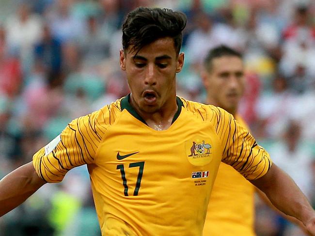 SoccerooÕs Daniel Arzani in action during the Socceroos v Peru match at Fisht Stadium in Sochi during the 2018 World Cup in Russia. Picture: Toby Zerna