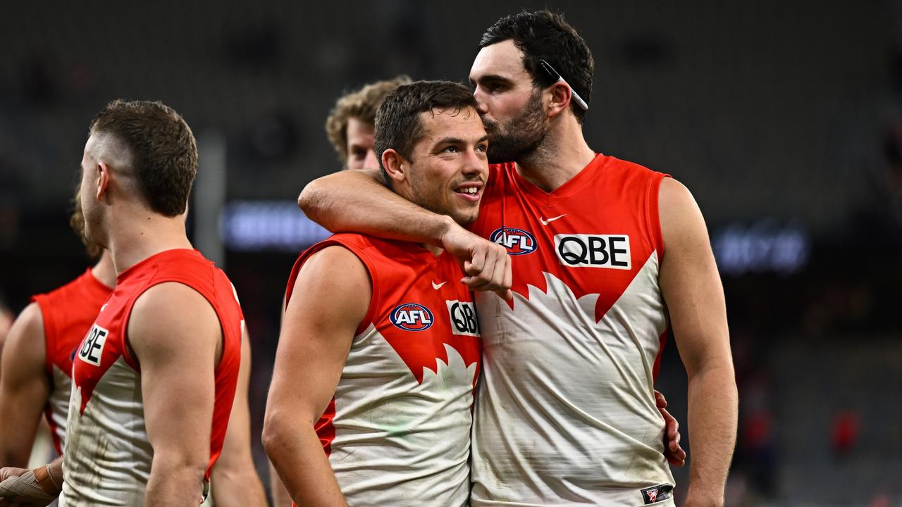 Swans duo Paddy McCartin and Oliver Florent leave Optus Stadium with a win. Picture: Daniel Carson