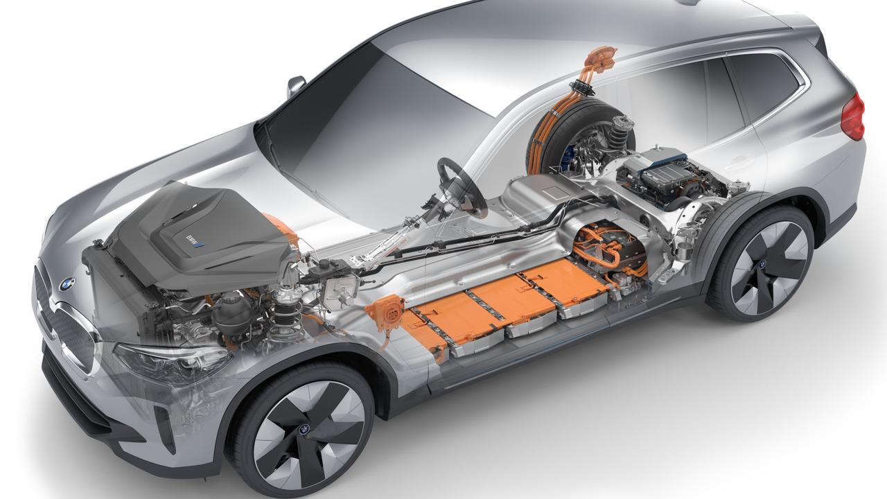 A floor-mounted battery drives the rear wheels in the BMW iX3 electric SUV.