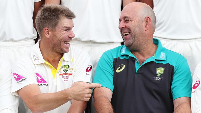 David Warner and coach Darren Lehmann during happier times at Sydney Cricket Ground ahead of the 5th Ashes test match. Picture: Brett Costello