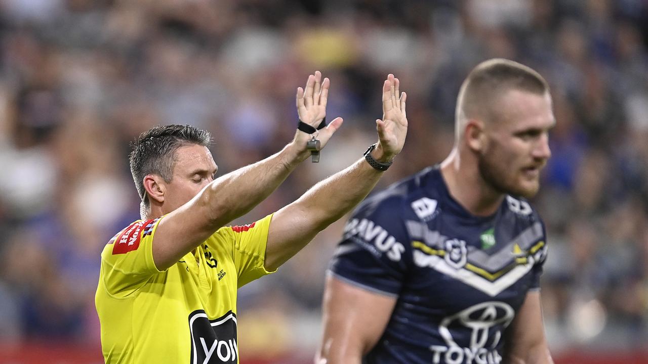 Cowboys struggled in the first half, with enforcer Coen Hess sin-binned for a late shot on Isaiah Katoa. Picture: Getty Images.