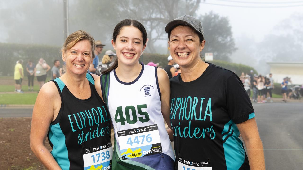 At Peak2Park 2022 are (from left) Mary-Ann Errington with Maddie and Jenny Moloney, Sunday, April 3, 2022. Picture: Kevin Farmer