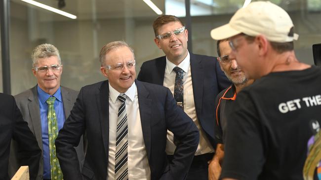 Anthony Albanese visits Meadowbank TAFE in the Bennelong electorate of Jerome Laxale, rear last November. Picture: Jeremy Piper/NewsWire