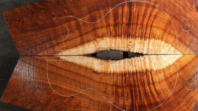 The outline of the guitar that will eventually be made from this beautiful piece of native forest blackwood harvested from the Otway Ranges by James Kidman. Picture: Yuri Kouzmin