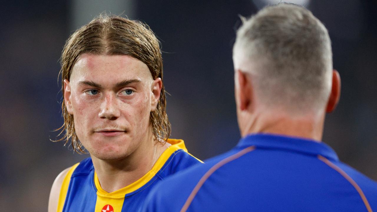 MELBOURNE, AUSTRALIA - MARCH 31: Harley Reid of the Eagles is seen at three quarter time during the 2024 AFL Round 03 match between the Western Bulldogs and the West Coast Eagles at Marvel Stadium on March 31, 2024 in Melbourne, Australia. (Photo by Dylan Burns/AFL Photos via Getty Images)