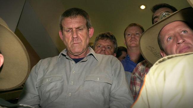 Bradley John Murdoch arrives under police escort at Darwin Airport to face trial over the murder of Peter Falconio. Picture: Patrina Malone