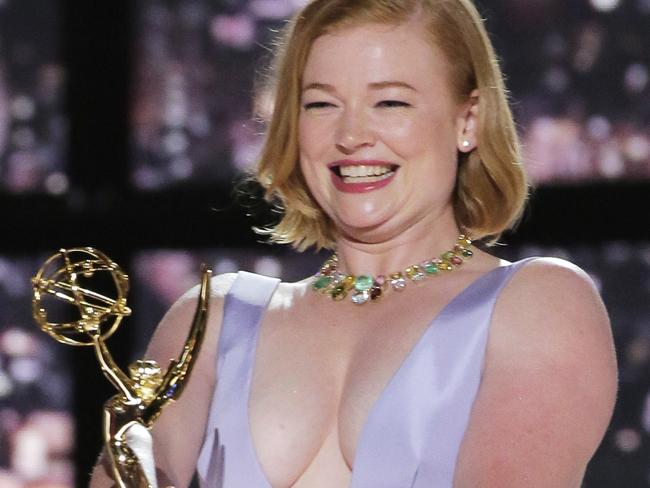 LOS ANGELES, CALIFORNIA - SEPTEMBER 12: 74th ANNUAL PRIMETIME EMMY AWARDS -- Pictured: (l-r)  Sarah Snook accepts Outstanding Drama Series on stage during the 74th Annual Primetime Emmy Awards held at the Microsoft Theater on September 12, 2022. -- (Photo by Chris Haston/NBC via Getty Images)