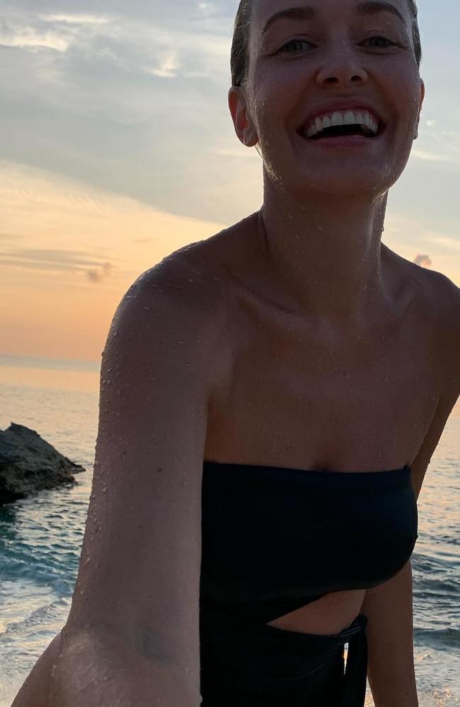 Lara Worthington took a trip to Turks and Caicos in the Bahamas, snapped here by her son Rocket as they enjoyed a sunset dip. Picture: laraworthington/Instagram