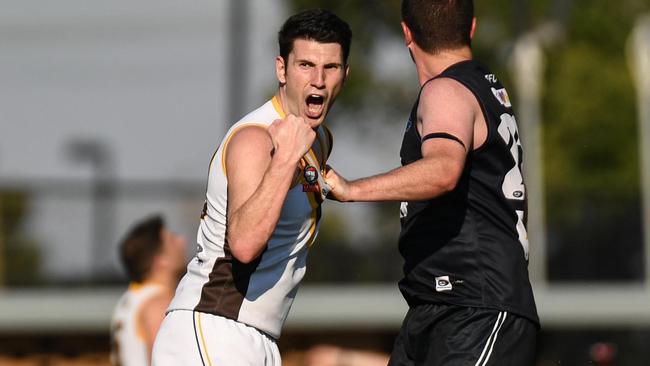 Tyrone Leonardis celebrates a goal for Thomastown. Picture: Nathan McNeill