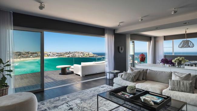 The penthouse at 16/16 Notts Avenue, Bondi Beach, has a 64sq m balcony and sits atop a late 1960s strata block.