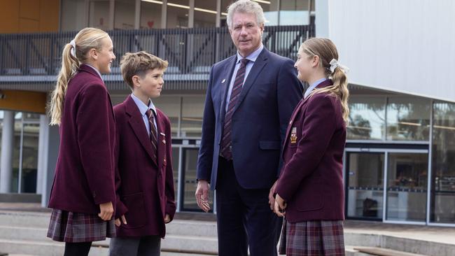 Cardijn College principal Steve Byrne with year 7 students Mackenzie Peterson, 13, Will Gill, 12, and Ruby Withers, 13, at the school. Picture: Kelly Barnes