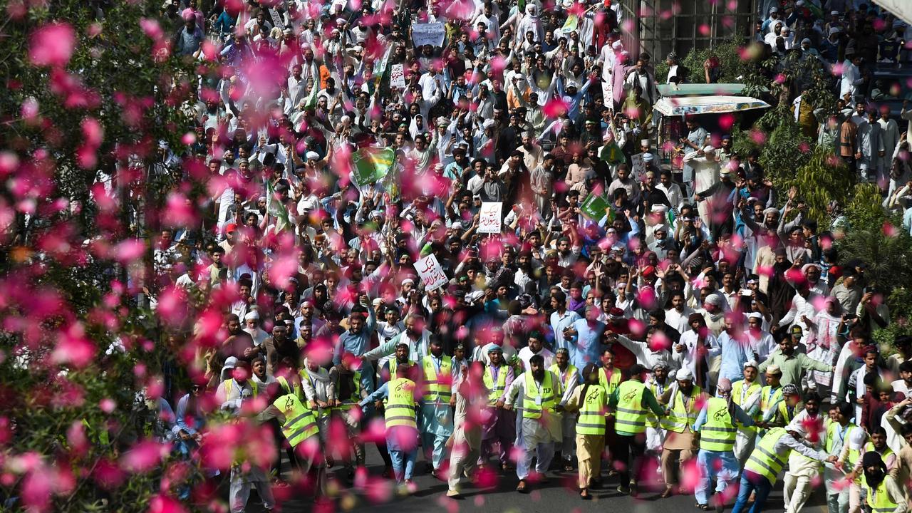 Activists of the Tehreek-e-Labbaik Pakistan party march during a protest against India's Bharatiya Janata Party former spokeswoman Nupur Sharma. Picture: Arif Ali /AFP