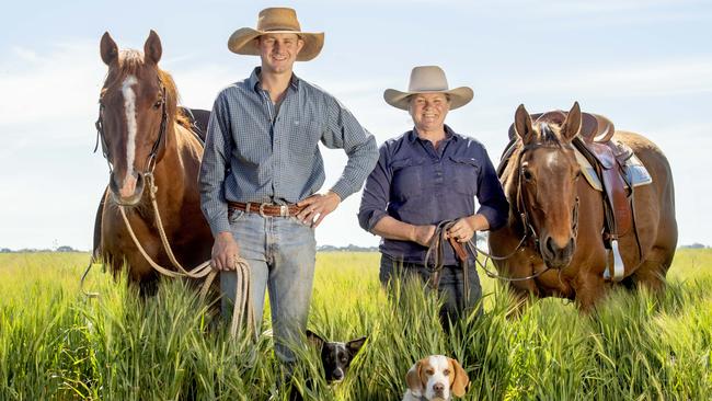 Cropping and cattle farmers Jacinta Taylor and her son James, riding quarter horses Sassy and Syd, in their barley crop at Tandara, while dogs Flo and Clive keep things in check. Picture: Zoe Phillips