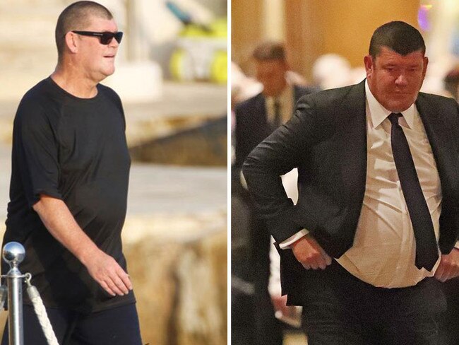 Australian businessman James Packer is completely soaked in sweat after jogging in Cap d'Antibes before returning to his yacht on July 25, left, and in Melbourne in October, 2017. Pictures: