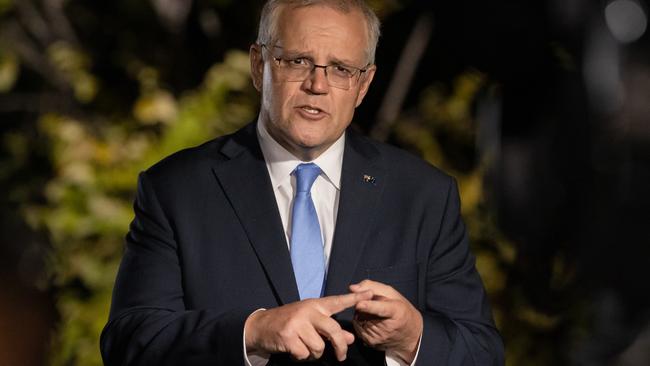 Prime Minister Scott Morrison arrives in Nowra and does his first TV interviews on Sunday evening. Picture: Jason Edwards