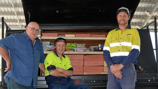 GROWTH: Kody Slattery (centre), with Tom Kenneally and Tim Hilton, has already found work following his 18-week apprenticeship at the Lockyer Valley Kart Club. Picture: Ebony Graveur