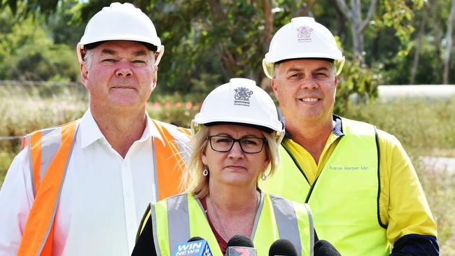 Back at work: Labor state MP's Scott Stewart, Coralee O'Rourke and Aaron Harper address the media on the site of the Haughton Pipeline project in Toonpan. Picture: Zak Simmonds