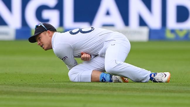 Ollie Pope injured his shoulder in the field. Picture: Getty Images