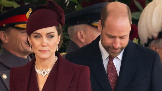 LONDON, ENGLAND - DECEMBER 03: Catherine, Princess of Wales and Prince William, Prince of Wales attend the Ceremonial Welcome at Horse Guards Parade during day one of The Amir of the State of Qatar's visit to the United Kingdom on December 03, 2024 in London, England. His Highness Sheikh Tamim bin Hamad Al Thani, Amir of the State of Qatar, accompanied by Her Highness Sheikha Jawaher bint Hamad bin Suhaim Al Thani, will hold several engagements with The Prince and Princess of Wales, The King and Queen as well as political figures. (Photo by Samir Hussein/WireImage)