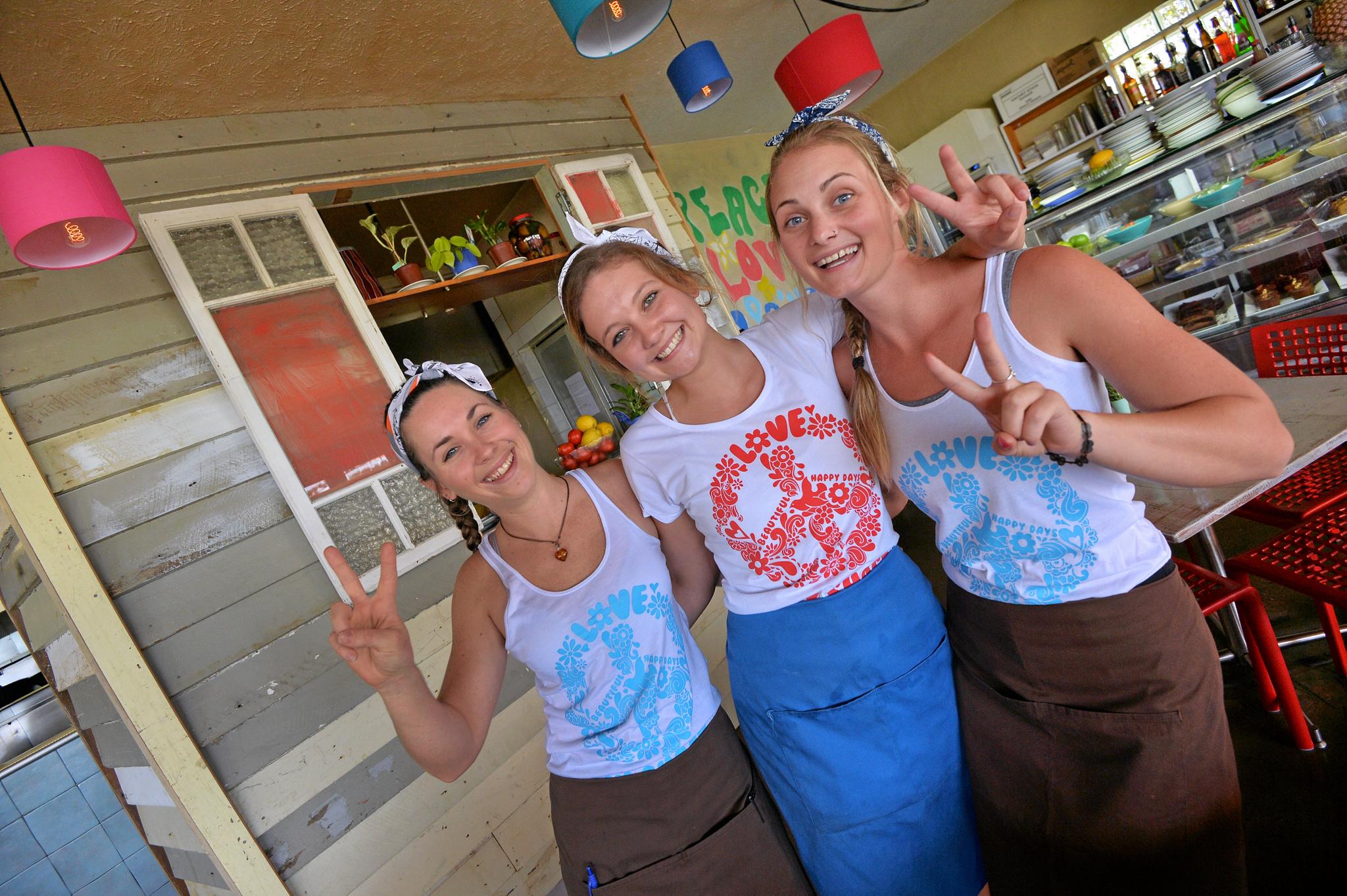 Inspired by the Dailys stories on the need for beach shacks, popular Coolum restaurant MyPlace has transformed its inside into a beach shack. Restaurant manager, Ashlee Rutherford, and staff Julia Blahuta, Hailey sensenig. Picture: Patrick Woods