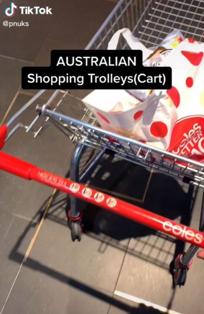 An Australian shopper has shared the differences between supermarket trolleys here and in the US. Picture: TikTok