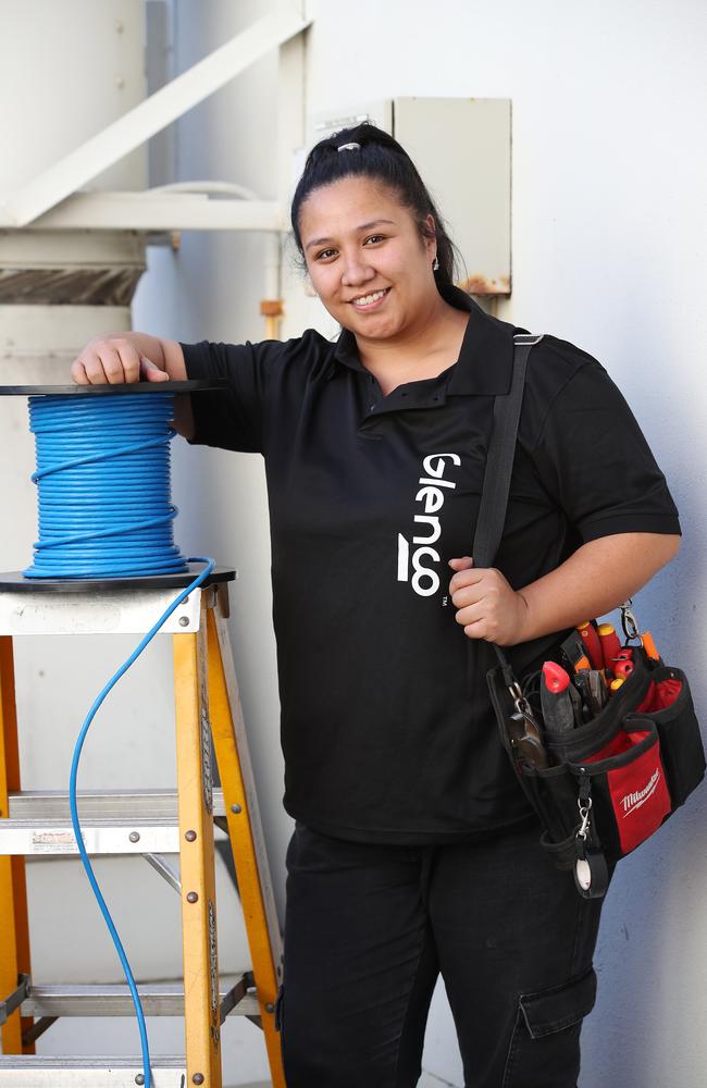 Third year electrical apprentice Barbara Fetolofai, 24, works for Glenco in Alexandria. Statistics show 82 per cent of apprenticeship graduates found a job after training. Picture: David Swift.