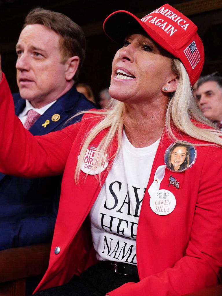 Republican Representative from Georgia Marjorie Taylor Greene shouts at President Biden during his address. Picture: AFP