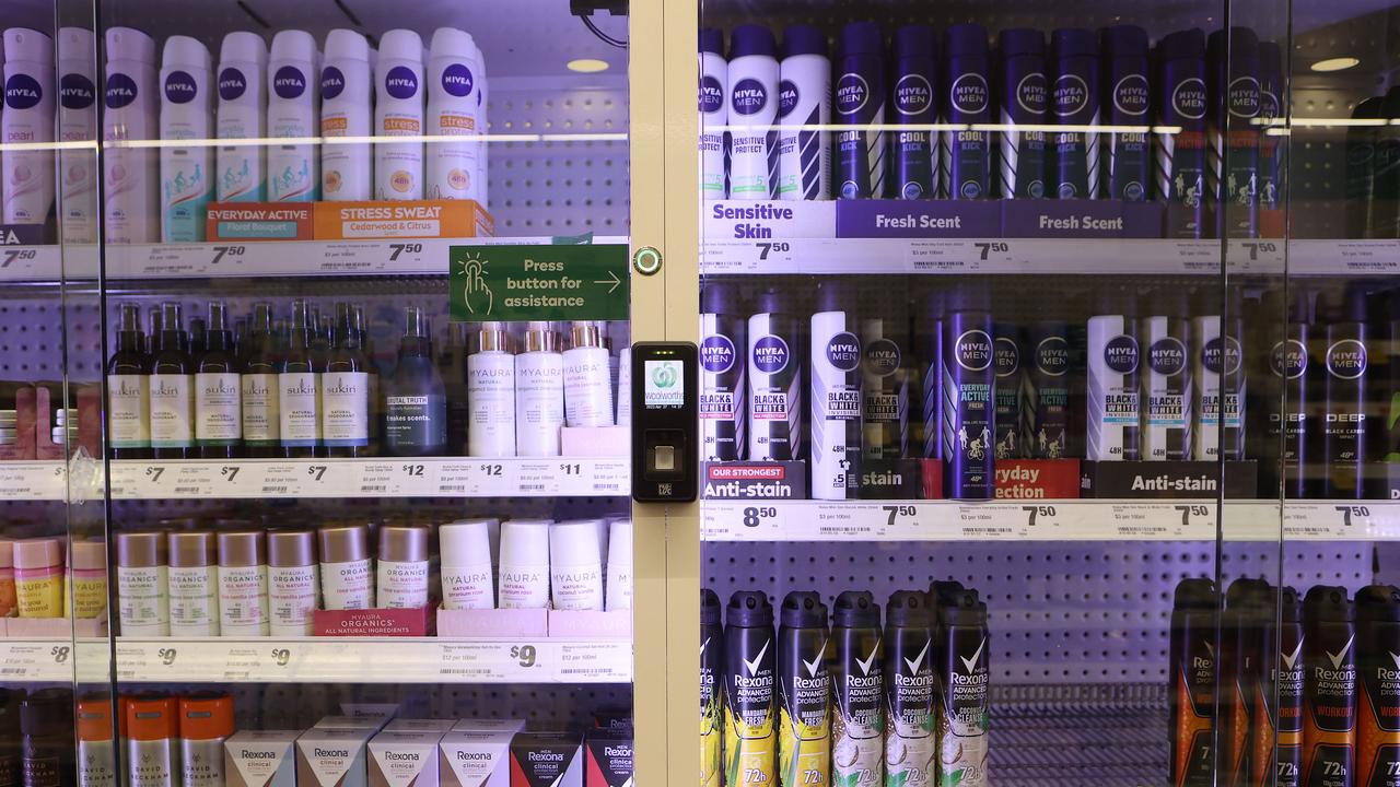 Woolworths and Coles installed glass screens over deodorant supplied to prevent theft and curb risin gchroming incidents. Picture: Liam Kidston