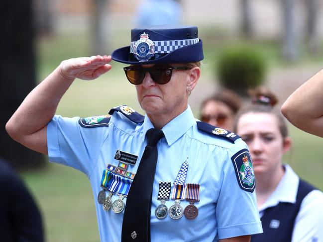 The guard of honour at the memorial service with full police honours for constables Rachel McCrow and Matthew Arnold at Brisbane Entertainment Centre. Picture: David Clark