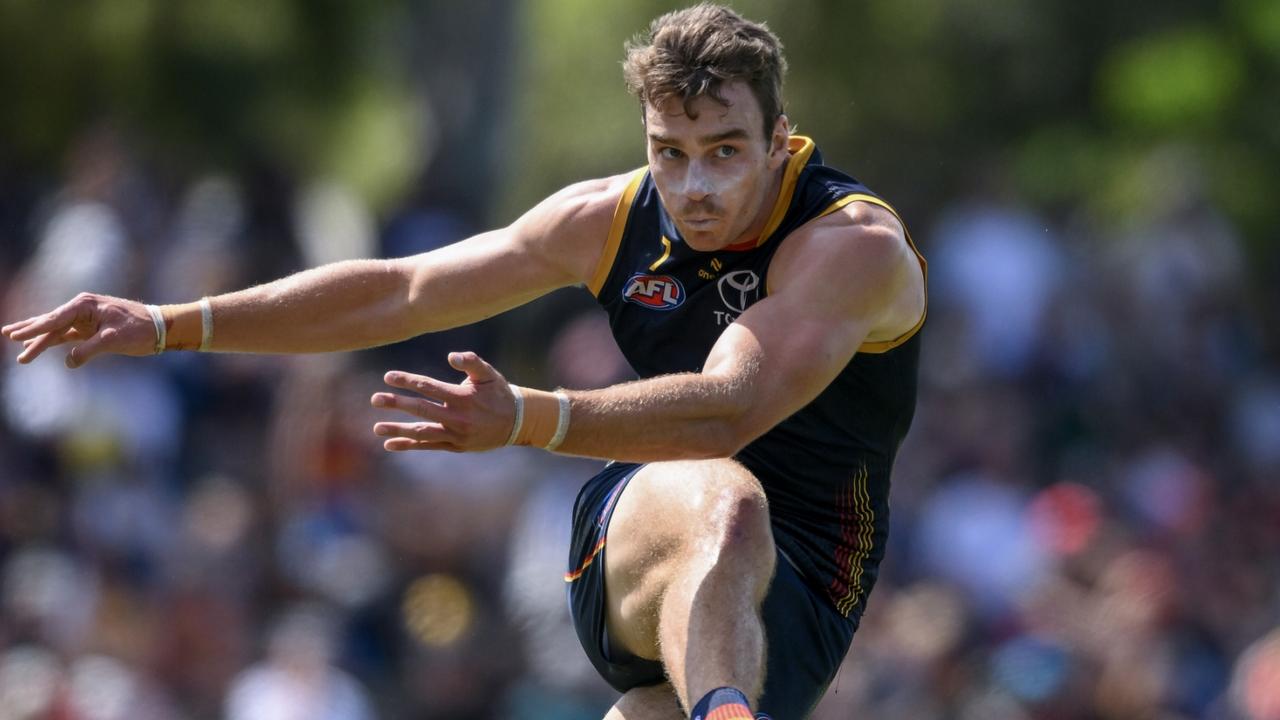 Riley Thilthorpe of the Crows kicks during the 2024 AFL Community Series match between Adelaide Crows and West Coast Eagles at Hisense Stadium on March 02, 2024 in Adelaide, Australia. (Photo by Mark Brake/Getty Images)