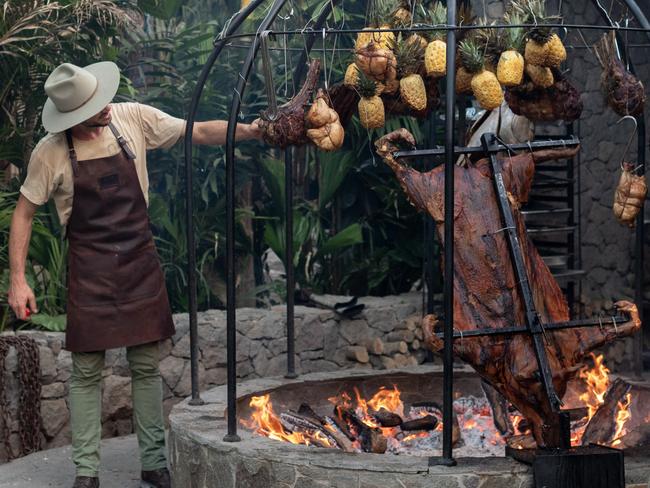 ** Please DO NOT USE. ON HOLD  (Sept 2024) ** :  Charles-Etienne Pretet, also known as Charly Pretet, 38, of Noosaville-based Terra Firma Dining, cooks using open fire cooking inspired by the traditional Argentinian method of Asado at the Shelter Pererenan restaurant in Pererenan, Bali on March 20, 2024. Mr Pretet helped open the restaurant's new dedicated open fire cooking space. Picture: Valeria Ramirez ** Please DO NOT USE. ON HOLD (Sept 2024) **