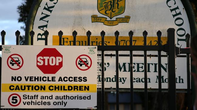 The front gate of the school, which specifies that cars are not allowed. Picture: John Grainger