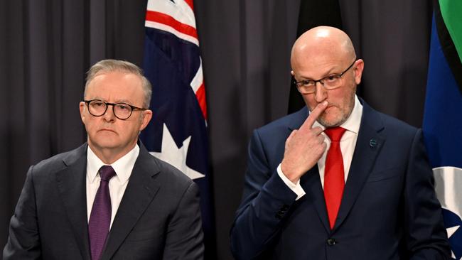 Prime Minister Anthony Albanese (left) and ASIO Director-General Mike Burgess speak during a press conference at Parliament House in Canberra last week. Picture: AAP