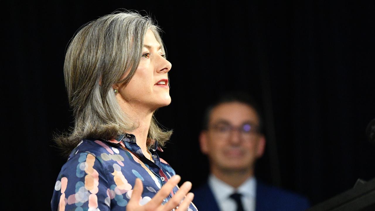 South Australian Premier Steven Marshall looks on as South Australian Chief Public Health Officer Dr Nicola Spurrier speaks to the media in Adelaide, Friday, June 12, 2020. Photo: David Mariuz / AAP.