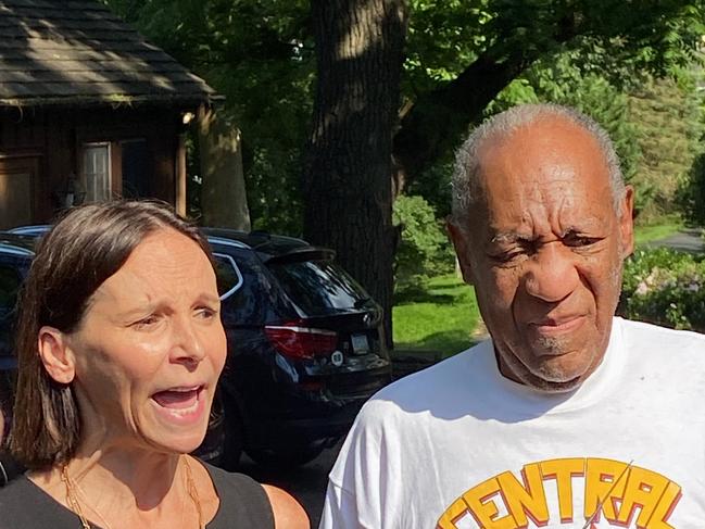 Lawyer Jennifer Bonjean and Bill Cosby speak outside of Bill Cosby's home. Picture: Getty Images