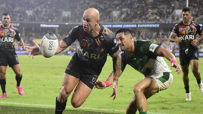 TOWNSVILLE, AUSTRALIA - FEBRUARY 20: Blake Ferguson of the Indigenous All Stars knocks the ball into touch during the NRL All Stars game between the Indigenous and the Maori Men's at Queensland Country Bank Stadium on February 20, 2021 in Townsville, Australia. (Photo by Ian Hitchcock/Getty Images)