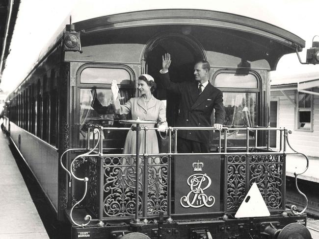 Queen Elizabeth II and Prince Phillip on the royal train at Central Railway Station, Sydney 09/02/1954 Picture: NSW STATE RECORDS