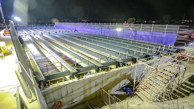 Massive SA-made girders have been craned into position to wide the Majors Rd bridge over the Southern Expressway near O'Halloran Hill from two lanes to six. Picture: Supplied