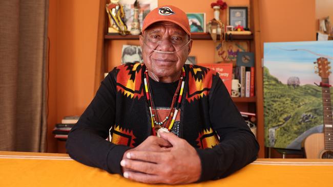 Australian music legend Archie Roach at his home in Killarney, southwest Victoria, where he recorded his song for Isolation Room. Picture: Justin Williams