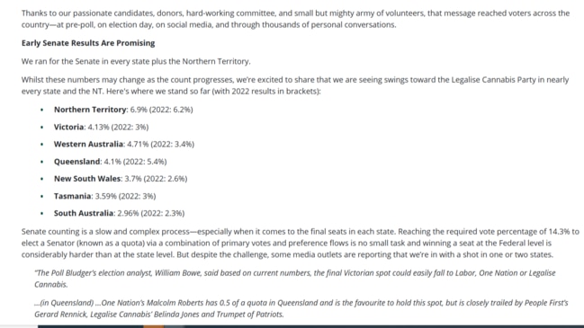 Senate results from the Legalise Cannabis website. Picture: Supplied