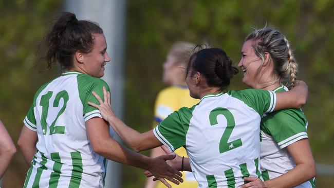 Southport's Shelby White (right) celebrates a goal. Picture: Steve Holland